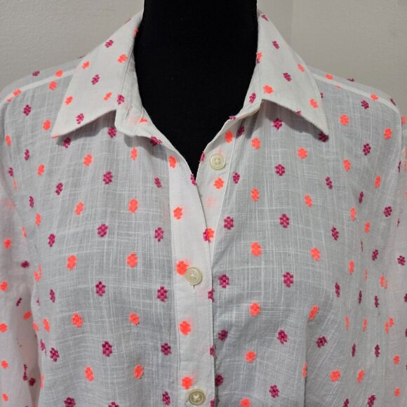Ann Taylor Loft Polka Dot Tie Front White w Violet Coral - Sz L - Picture 2 of 12